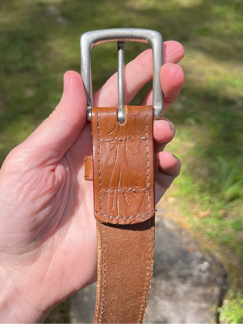90s Banana Republic Floral Tooled Genuine Leather Silver-Toned Buckle Tan Boho